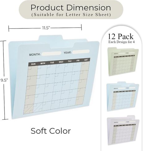 Y YOMA 12 Pack Colored File Folders Letter Size Calendar Design File Folder with 1/3-Cut Tab Cute Pretty Decorative Heavyweight Filing Folder File Organizers for Office School Home, Soft Color in Kuwait