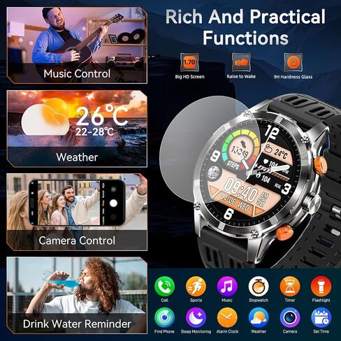 Military Smart Watches for Men with LED Flashlight, Tactical Rugged Smart watch with 1.45" HD, 3ATM Waterproof & Compass, Sports Fitness Tracker with Heart rate/SPO2/Sleep Monitor for iPhone Android in Saudi Arabia