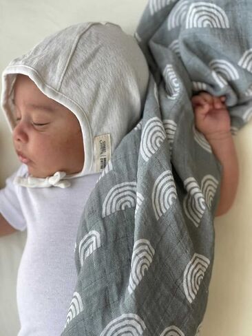 Miaoberry Organic Muslin Baby Swaddle Blanket and Hat Set Newborn Unisex Neutral Boy Girl| Boho Rainbow |Photo Props Birth Announcement Card in Saudi Arabia