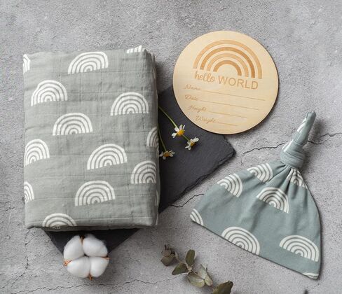 Miaoberry Organic Muslin Baby Swaddle Blanket and Hat Set Newborn Unisex Neutral Boy Girl| Boho Rainbow |Photo Props Birth Announcement Card in Saudi Arabia