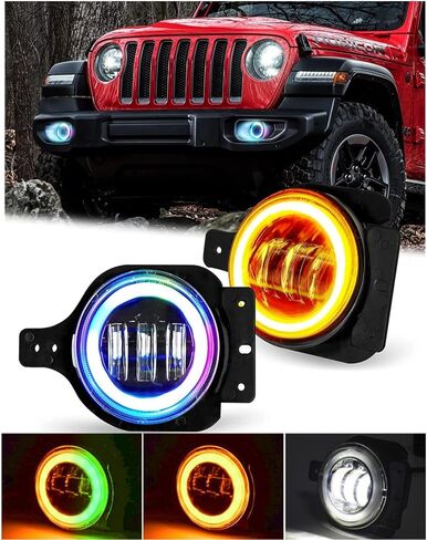 مصابيح ضباب LED RGB مقاس 4 بوصات لـ JK، مصابيح ضباب هالو مع ضوء وامض متوافق مع 2007-2018 JK، هاتف يتم التحكم فيه عبر البلوتوث in Kuwait