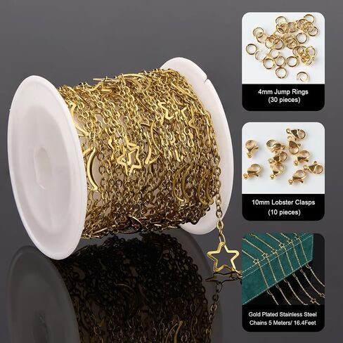 UMAOKANG 16.4 Feet Gold Moon Star Chain for Jewelry Making Stainless Steel Bulk Chains on Spool with Jewelry Accessories in Saudi Arabia