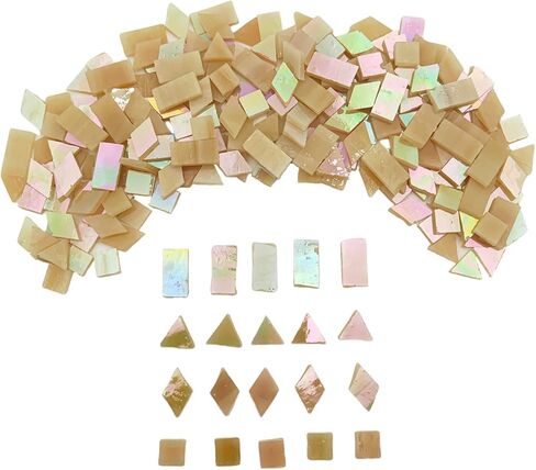 200g/270pcs Iridescent Glass Mosaic Tiles for Crafts, 4 Shapes Mixed Stained Glass Pieces Supplies for Mosais(Rectangle, Triangle, Rhombus, Square) (Champagne) in Saudi Arabia