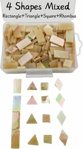 200g/270pcs Iridescent Glass Mosaic Tiles for Crafts, 4 Shapes Mixed Stained Glass Pieces Supplies for Mosais(Rectangle, Triangle, Rhombus, Square) (Champagne) in Saudi Arabia