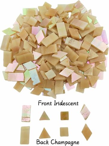 200g/270pcs Iridescent Glass Mosaic Tiles for Crafts, 4 Shapes Mixed Stained Glass Pieces Supplies for Mosais(Rectangle, Triangle, Rhombus, Square) (Champagne) in Saudi Arabia