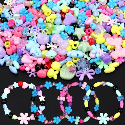Assorted Acrylic Beads for Bracelet Making 200-240 Pcs Pony Beads Shapes Flower Bow Butterfly Candy Star Heart GummyBear Cute Beads for Jewelry Making (Mix 8 Colors) in Saudi Arabia