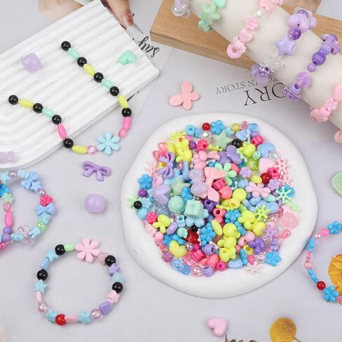 Assorted Acrylic Beads for Bracelet Making 200-240 Pcs Pony Beads Shapes Flower Bow Butterfly Candy Star Heart GummyBear Cute Beads for Jewelry Making (Mix 8 Colors) in Saudi Arabia
