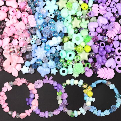 Assorted Acrylic Beads for Bracelet Making 200-240 Pcs Pony Beads Shapes Flower Bow Butterfly Candy Star Heart GummyBear Cute Beads for Jewelry Making (Mix 8 Colors) in Saudi Arabia