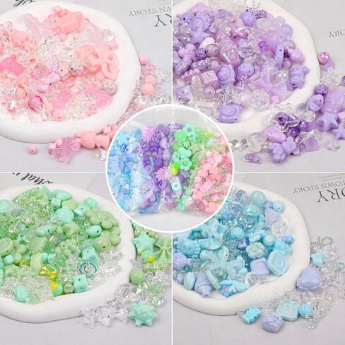 Assorted Acrylic Beads for Bracelet Making 200-240 Pcs Pony Beads Shapes Flower Bow Butterfly Candy Star Heart GummyBear Cute Beads for Jewelry Making (Mix 8 Colors) in Saudi Arabia