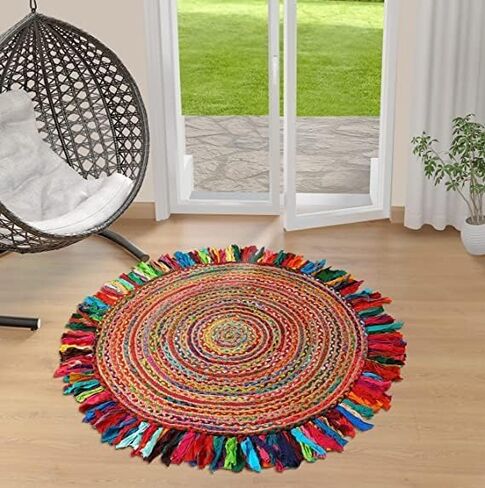 GRUHUM Cotton Area Rug 5ft-Natural Fiber Round Multicolour Handmade Boho Charm Farmhouse Soft Braided Rustic Vintage for Living Room Bedroom Indoor EcoFriendly Kitchen Enterways Hallways(5'ft Round) in Kuwait