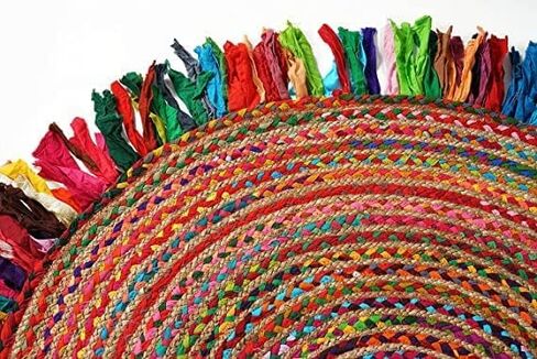 GRUHUM Cotton Area Rug 5ft-Natural Fiber Round Multicolour Handmade Boho Charm Farmhouse Soft Braided Rustic Vintage for Living Room Bedroom Indoor EcoFriendly Kitchen Enterways Hallways(5'ft Round) in Kuwait