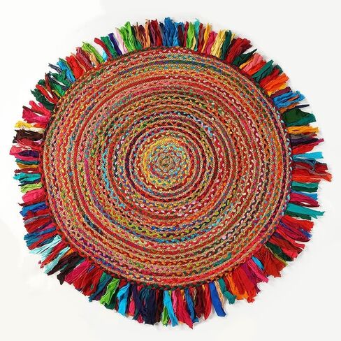 GRUHUM Cotton Area Rug 5ft-Natural Fiber Round Multicolour Handmade Boho Charm Farmhouse Soft Braided Rustic Vintage for Living Room Bedroom Indoor EcoFriendly Kitchen Enterways Hallways(5'ft Round) in Kuwait