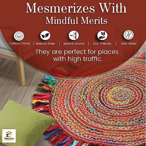 GRUHUM Cotton Area Rug 5ft-Natural Fiber Round Multicolour Handmade Boho Charm Farmhouse Soft Braided Rustic Vintage for Living Room Bedroom Indoor EcoFriendly Kitchen Enterways Hallways(5'ft Round) in Kuwait