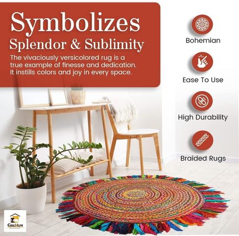 GRUHUM Cotton Area Rug 5ft-Natural Fiber Round Multicolour Handmade Boho Charm Farmhouse Soft Braided Rustic Vintage for Living Room Bedroom Indoor EcoFriendly Kitchen Enterways Hallways(5'ft Round) in Kuwait