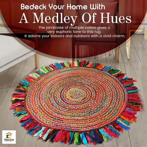 GRUHUM Cotton Area Rug 5ft-Natural Fiber Round Multicolour Handmade Boho Charm Farmhouse Soft Braided Rustic Vintage for Living Room Bedroom Indoor EcoFriendly Kitchen Enterways Hallways(5'ft Round) in Kuwait