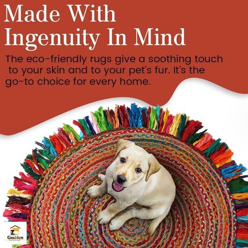 GRUHUM Cotton Area Rug 5ft-Natural Fiber Round Multicolour Handmade Boho Charm Farmhouse Soft Braided Rustic Vintage for Living Room Bedroom Indoor EcoFriendly Kitchen Enterways Hallways(5'ft Round) in Kuwait