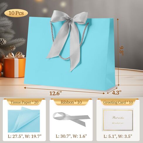 PASEOTA 12.6" Gift Bags Bulk, 10 Pcs Gift Bags with 20 Tissue Paper 10 Greeting Cards, Luxury Bag with Handles for Anniversary Presents Wedding Birthday Party (Champagne) in Saudi Arabia