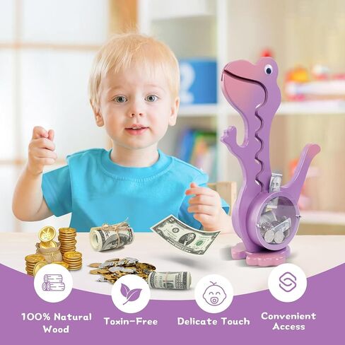 Dinosaur Piggy Bank Boalord for Girls Boys Kids Big Animal Figuredized Wooden Coin Bank Bank Money Fox for Children Best Toy Gift （Dino -purple） in Kuwait