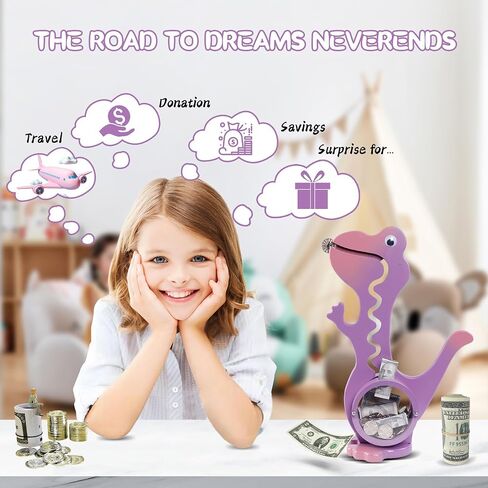 Dinosaur Piggy Bank Boalord for Girls Boys Kids Big Animal Figuredized Wooden Coin Bank Bank Money Fox for Children Best Toy Gift （Dino -purple） in Kuwait