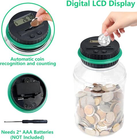 Digital Counting Piggy Banks for Adults, 1.8L Capacity Coin Bank with LCD Counter Display, Transparent Money Coin Jar for Money Saving, Holds All US Coins, Ideal Gift for Boys Girls (Green) in Saudi Arabia