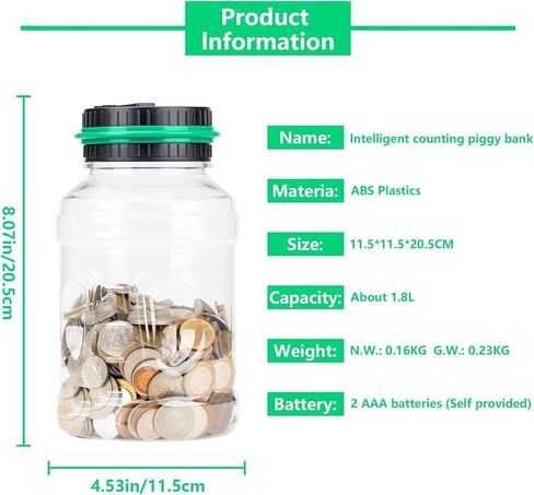 Digital Counting Piggy Banks for Adults, 1.8L Capacity Coin Bank with LCD Counter Display, Transparent Money Coin Jar for Money Saving, Holds All US Coins, Ideal Gift for Boys Girls (Green) in Saudi Arabia