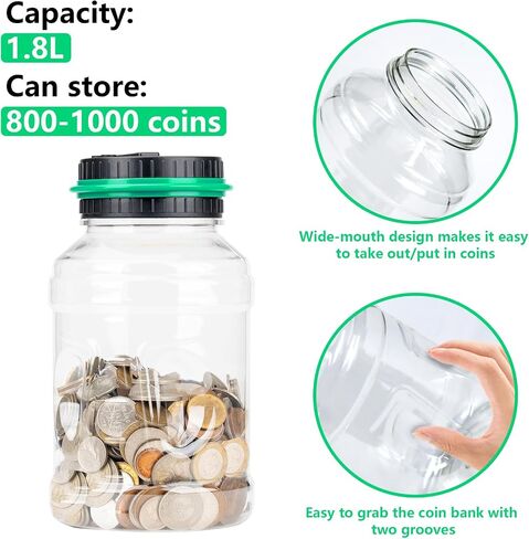 Digital Counting Piggy Banks for Adults, 1.8L Capacity Coin Bank with LCD Counter Display, Transparent Money Coin Jar for Money Saving, Holds All US Coins, Ideal Gift for Boys Girls (Green) in Saudi Arabia