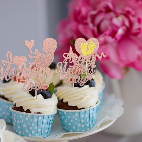 1 Pack Happy Mother's Day Cake Topper Glitter Rose Love Heart Best Mom Cake Pick for Women Birthday Happy Mother's Day Theme Party Cake Decoration Supplies Pink in Saudi Arabia