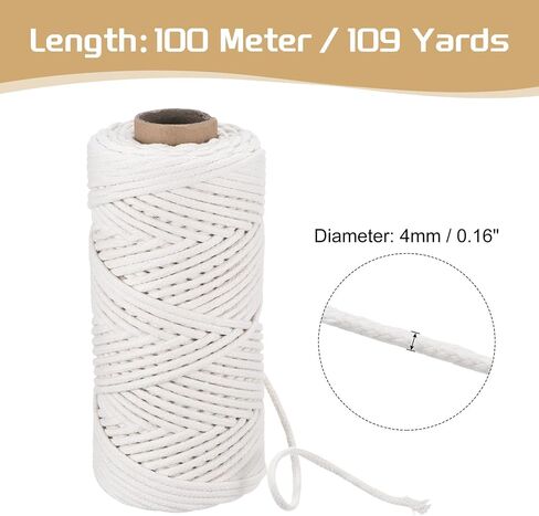 Rebower Macrame Cord 4mm x 109 Yard, Natural Cotton Macrame Rope Twisted Macrame Yarn [for Plant Hangers Wall Hanging Crafts Knitting] - Cream White / 100M in Saudi Arabia