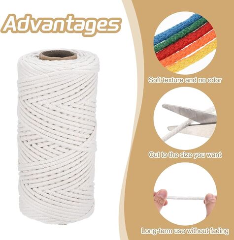 Rebower Macrame Cord 4mm x 109 Yard, Natural Cotton Macrame Rope Twisted Macrame Yarn [for Plant Hangers Wall Hanging Crafts Knitting] - Cream White / 100M in Saudi Arabia