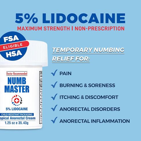 Numb Master 5% Lidocaine Topical Numbing Cream, 2 Pack of 1.25 Oz, Maximum Strength Pain Relief, Fast Acting Topical Anesthetic Cream with Aloe Vera, Vitamin E, Lecithin with Child Resistant Cap in Kuwait