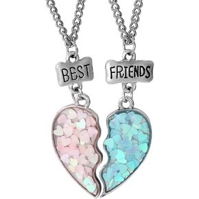 Bff Friendship Necklace for 2 Girls Matching Necklaces for Best Friends Birthday Gifts for Best Friend Puzzle Heart Necklace for 2 Teen Girls Christmas Necklaces for Bestie Blue Pink Sequin Best Friend Forever Necklace Set