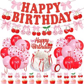 K Kumeed Cherry Decortations ، عيد ميلاد سعيد لافتة الكرز ، فاكهة الصيف فاكهة الكرز لحفلات الكعكة البالونات اللاتكس للنساء