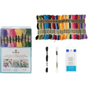 DMC Embroidery Floss Popular Colors Pack, DMC Embroidery Thread Floss Kit -36 Assorted Color Bundle with DMC Cotton White Floss, Black Floss and DMC Cross Stitch Hand Needles