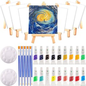 Mini Canvas and Easel Set,60 Pcs Mini Paint Set Includes 10 Mini Wood Easels,10 Mini Canvases 4x4 Inch,18 Acrylic Paint Set,20 Paintbrushes,2 Palettes,Paint and Sip Kit,Paint Party Supplies