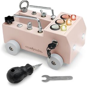 مجموعة شاحنات لعبة Comfy Cubs Baship Board - لوحة نشاط خشبية من الممتعة وخالية من الضوضاء للأطفال الصغار مع مفتاح LED LED - المصمم في الولايات المتحدة ، ومركزة ومشاركة في Montessori Play for Kids 3+ (Blush) in Kuwait