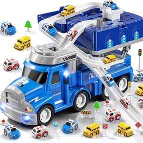 2 In1 Carrier Toy Trucks for Kids 3 4 5 6 6 سنوات-ألعاب مركبة مع 8 سيارات في المدينة ، ومسارات سباق النقل مع الخفيفة والموسيقى ، وهدية ألعاب السيارات التعليمية للطفل الأعمار 2-4 3-5 4-6 (الأزرق)