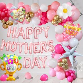 أدوات Balloon Garland Garland Arch مع 134 PCS Baloons Decorations Decorations Happy Mothers Baloons Banner لأفضل أمي على أي وقت مضى أمهات عيد ميلاد أمهات الحفلات.