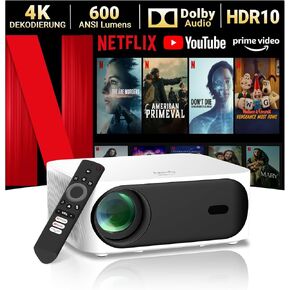 Ares A1 4K Mini Projector with Wifi and Bluetooth 600 ANSI, Built-in TV OS with Netflix, Electric Focus & Keystone Correction,3D Dolby Audio, Zoom, Native 1080P, TV Projector for Bedroom