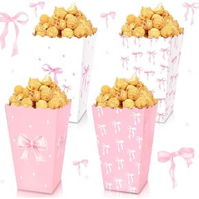 Sanixin 16 PCS Pink Bow Boy Boxes Coquette Bowknot Popcorn Buckets Candy Snack Container for Girls Birth