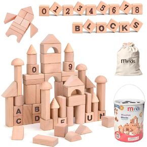 MINI MINDS Wooden Blocks with Letters & Numbers -100 Building Blocks for Toddlers - Includes Storage Container with Shape Sorter Lid - Natural Beech Wood Blocks - Learning Toys Stacking Blocks