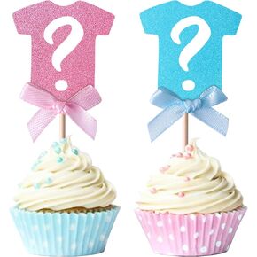 24 Pack Gender Reveal Cupcake Toppers Glitter Onesie Question Mark Cupcake Picks Boy or Girl Baby Shower Cake Topper Decorations for Kids Birthday Party Cake Decorations Supplies Silver Blue Pink in Kuwait
