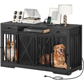 DWVO 63 Inch Double Dog Crate Furniture for 2 Dogs, Heavy Duty Wooden Dog Crate TV Stand with Charging Station, Dog Kennel Indoor Furniture Double Sliding Barn Door Design Ideal for 2 Dogs, Oak
