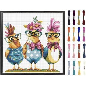 FREEBLOSS Cross Stitch Kit Funny Chicks Stamped Cross Stitch Wall Hanging for Adults with Instructions Pure Cotton Cloth for Beginnrs 17.7''*17.7'' No Frame