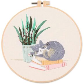 Amiiba Embroidery Starter Kit with Stretching Cat Pattern, DIY Full Range Stamped Embroidery Cross Stitch Kits for Beginners Adults (Stretching Cat)