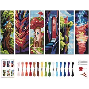 ACRNIGHEET 6 PCS Cross Stitch Bookmark Kit DIY Bookmarks Cross Stitch Kits Stamped Embroidery Bookmarks for Adults Beginners Fantasy Pattern Bookmarks with Instructions Hand Craft Gift, 7.87''x2.36''