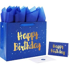 13" Large Blue Gift Bag Set with Greeting Card and Tissue Papers (Stars and Gold Foil‘Happy Birthday’) for Men's or Boys, Girls or Kids, Baby Shower