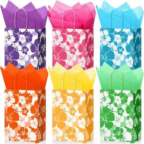 Teling 24 Pcs Hibiscus Party Favor Hawaiian Themed Paper Bag with Handles Summer Tropical Gift Tiki Luau Treat Hawaii Goodie Bags Kids Birthday Party Supplies Multicolor 8.3 x 6 x 3"