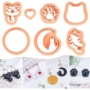 Puocaon Cat Polymer Clay Cutters - Embossing Animal Cutters Set, Cute Kitten Clay Cutters for Polymer Clay Jewelry Making Paw Cat Moon Dangle Set Clay Cutters, Heart Circle Clay Earrings Cutters