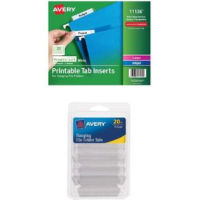 إدراج علامات تبويب Avery Worksaver ، 2 بوصة ، أبيض ، 100 إدراج (11136) مع علامات تبويب ملفات معلقة ، 1/5 ، واضحة ، دائمة ، حزمة 20 (6727)