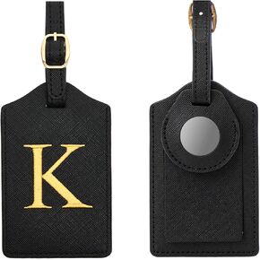 Initial Luggage Tag with Airtag Holder, Embroidered Luggage Tag with Airtag Protective Case, Travel Accessory for Secure Luggage Tracking (Black Leather+Gold Letter, A)